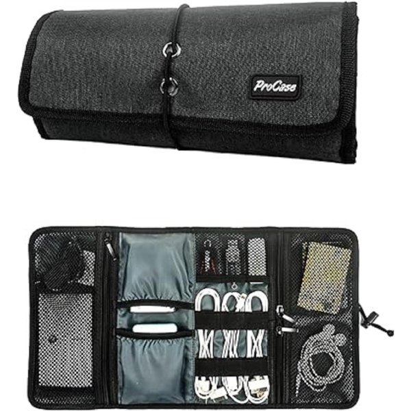 ProCase Electronic Organizer Cord Pouch, Travel Cable Charger Phone Accessories Bag Organizer Roll up Tech Carrying Case for USB Cables SD Memory Cards Earphone Flash Hard Drive -BlackPlaid
