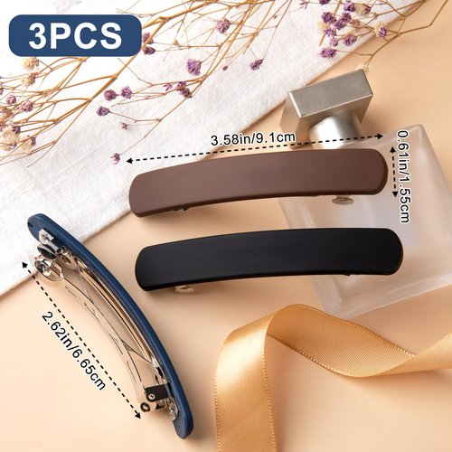 HINZIC 3PCS Hair Barrettes for Women, Matte Medium French Clips for Girls Thin Fine Flat Short Hair Styling Vintage Hair Pins Accessories (Black Navy Brown)
