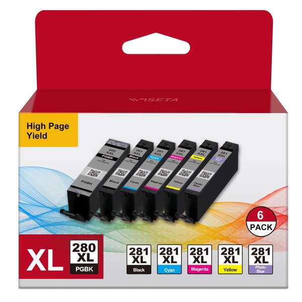 PGI-280XXL/CLI-281XXL 6-Color Value Pack Ink Cartridges Compatible for Canon 280 281 Ink cartridges to use with PIXMA TS8120 TS8220 TS8222 TS9120 Printer (PGBK,BK,C,M,Y,PB, 6 Pack)
