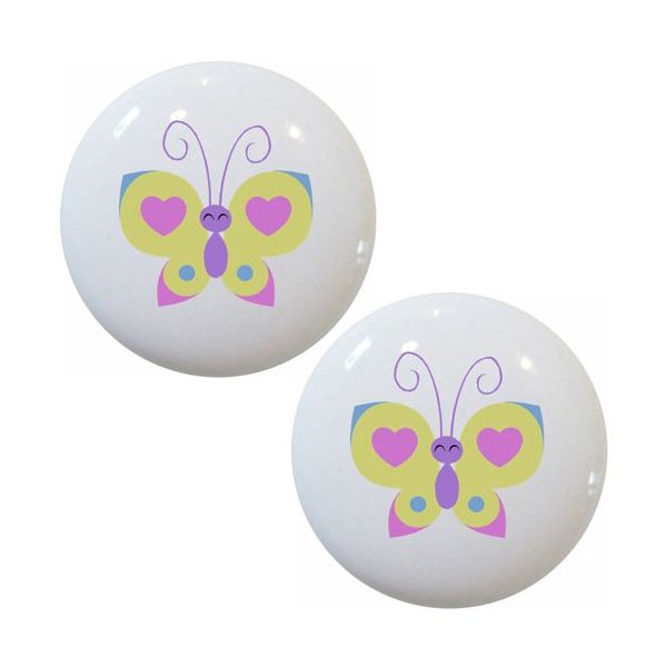 Set of 2 Heart Butterfly Ceramic Cabinet Drawer Pull Knobs