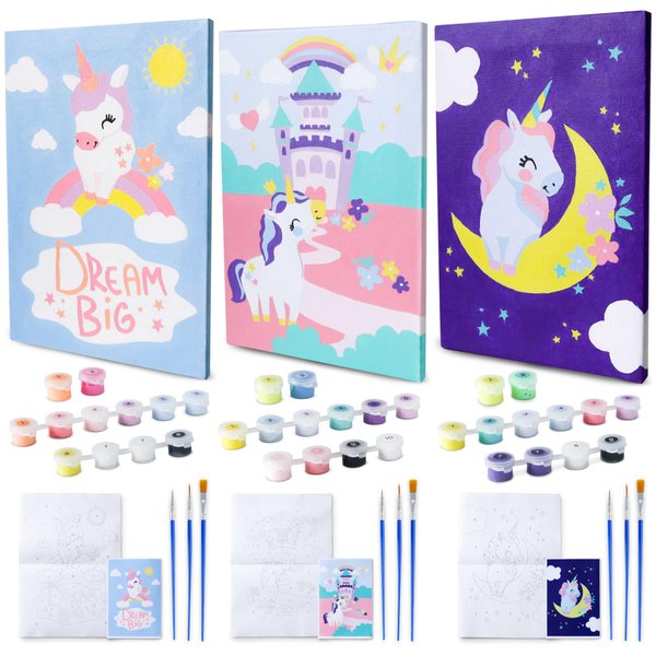 BONNYCO Paint by Numbers Kit for Kids Unicorns Pack 3 Canvas Paint by Number Canvas Framed Unicorn Gifts for Girls Arts and Crafts Kids Paint by Number Kits, Pre Drawn Canvas for Painting for Kids