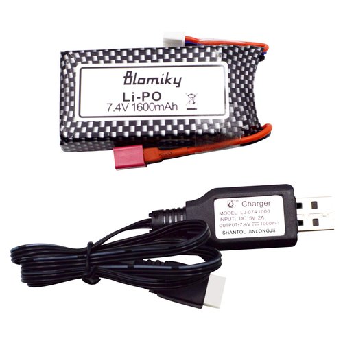 Blomiky 1 Pack 11.84Wh 7.4V 1600mAh T Connector Plug Li-Po Battery and USB Cable for 9125 1/10 Scale 4X4 48KMH 4X4 Fast RC Truck Cars 25-DJ02 9125 Battery 1