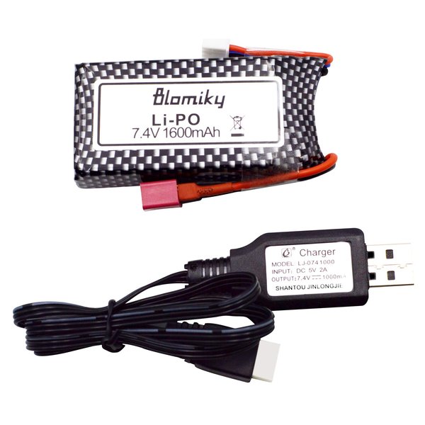 Blomiky 1 Pack 11.84Wh 7.4V 1600mAh T Connector Plug Li-Po Battery and USB Cable for 9125 1/10 Scale 4X4 48KMH 4X4 Fast RC Truck Cars 25-DJ02 9125 Battery 1