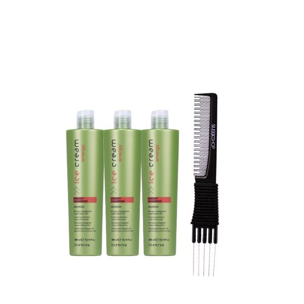 Inebrya Ice Cream Energy Shampoo (10.14 oz) with Teasing Comb Pack of 3