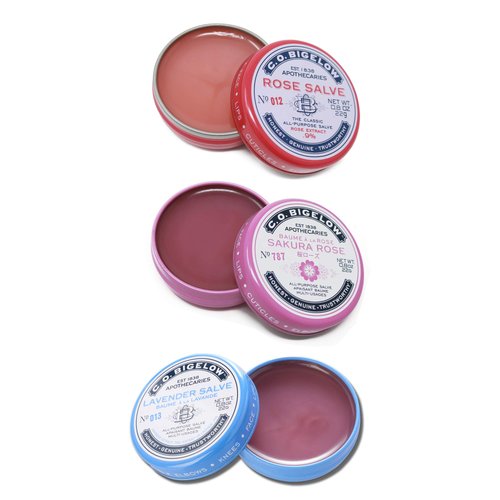 C.O. Bigelow All Purpose Salves, Variety Pack of 3 Lip Balm Tins for Chapped Lips & Dry Skin - Classic Rose, Lavender & Sakura Rose Moisturizing Lip and Skin Salves, 0.8 oz each