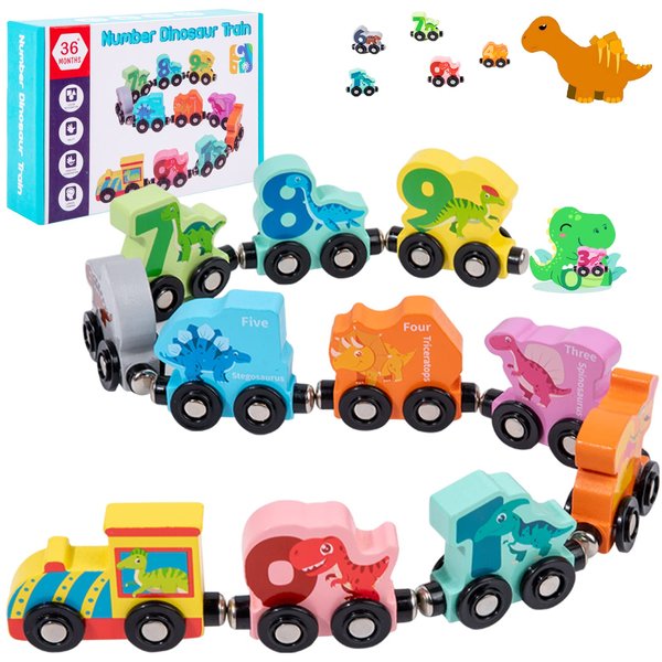 ZRCCOX Wooden Dinosaur Train Set Toy for Kids Ages 3-5（Enhanced Magnetic ver） 11 PCS Wooden Toy Cars with Numbers Toddlers Dinosaur Toys for 1 2 3 4 5 6 Year Old Boys and Girls Gifts
