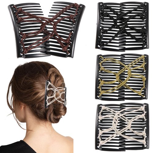 4 Pieces Elastic Double Comb Hair Fork Clips Silver Thread Magic Hair Comb Stretchy No Crease Hairpins Combs for Women Girls Vintage Hairstyle Bun Maker Multipurpose Hair Accessories (Silver Style)