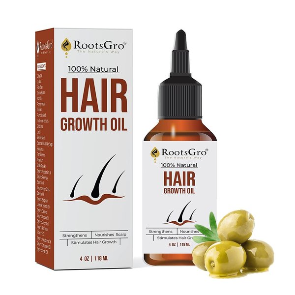 RootsGro 100% Natural Hair Oil Blend of 30 Oils, Rosemary Oil, Olive Oil, Jojoba Oil & More- Strengthens and Nourishes Hair Scalp | 4 ounce