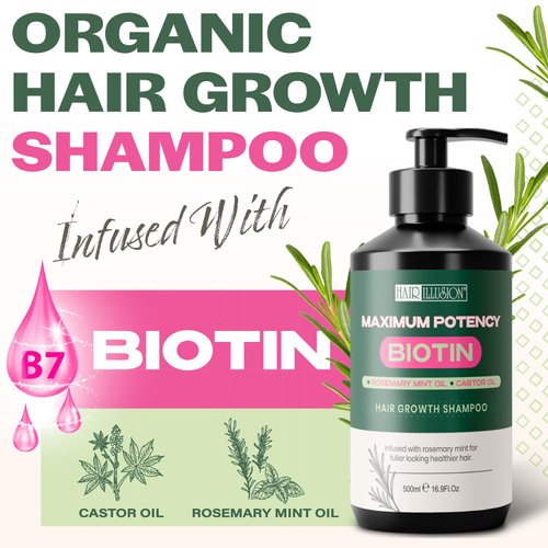 Hair Illusion Maximum Potency Biotin Hair Growth Shampoo| Infused with Rosemary & Castor Oil for Hair Loss and Thinning hair. Natural Shampoo, Sulfate Free