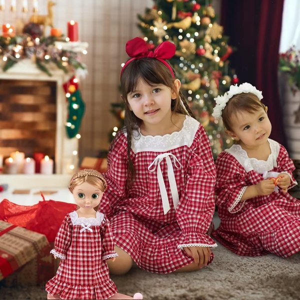 Girl and Doll Matching Nightgown for Doll, 16"-18" Dolls Clothes, Red Plaid Vintage Night Dress for Doll, Dolls Summer Pjs