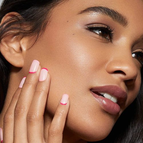 Static Nails Reusable Pop-On Manicure Set, Non-Damaging Glue-On Nails (Reverse French Pink Square) - False Nails with Static Nail Glue, Nail Set, Fake Acrylic Press On Nails