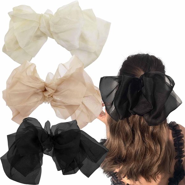 3 PCS Chiffon Big Bow Hair Clip,Big Bowknot Hairpin French Hair Clips with Long Ribbon Solid Color Hair Barrette Clips Soft Mesh Fabric Hair Bows for Girls Women