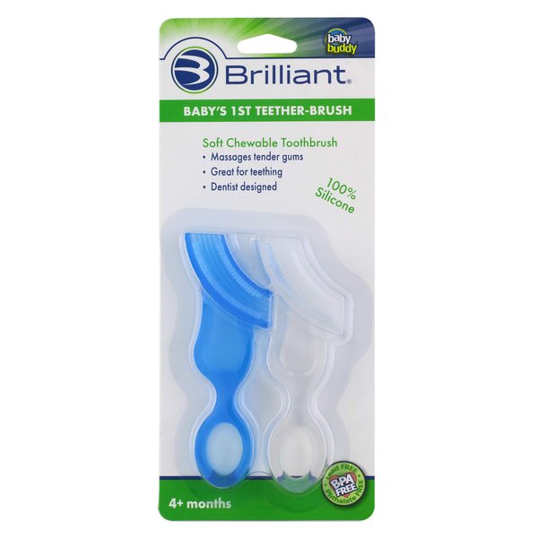 Brilliant Oral Care Baby’s First Toothbrush, Smooth Silicone Bristles Gently Clean Tender Teeth and Gums, for Ages 4+ Months, Blue + Clear, 2 Pack