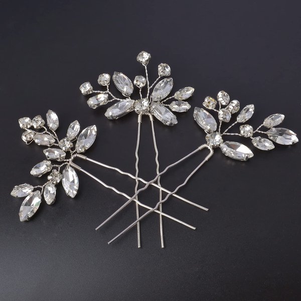 Bridal Hair Accessories, Beusoulover 3pcs Crystal Wedding Hair Pieces, Handmade Rhinestone Bridal Hair Pin for Women, Girls, Bridesmaids (Silver)