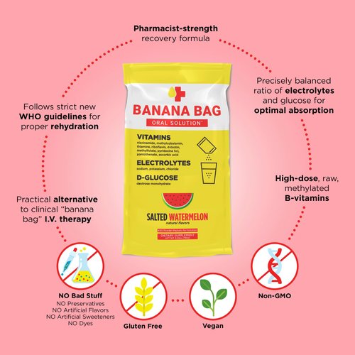 Banana Bag Oral Solution Salted Watermelon 30-Pack Medbox Pharmacist Hydration Recovery Formula - Electrolyte & Vitamin Powder Packet Drink Mix