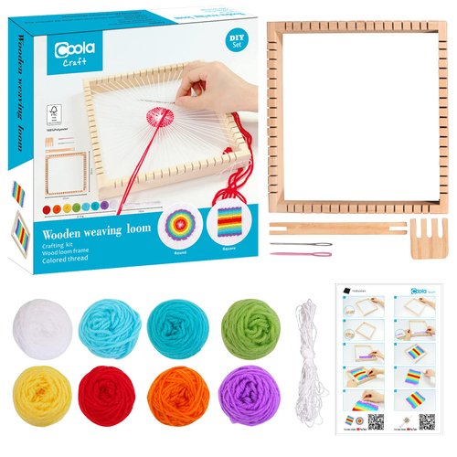 Coola Wooden Multi - Weaving Loom Kit for Kids Beginners Art and Craft Mini Loom(9 x 9in) Handcraft Including Crafting Kit,Wood Loom Frame,Colored Thread and Instructions