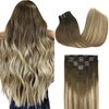 GOO GOO Clip in Hair Extensions Real Human Hair, 16inch 120g 7Pcs, 3/8/613 Balayage Walnut Brown to Ash Brown and Bleach Blonde, Remy Human Hair Extensions Clip ins for Women, Natural Human Hair
