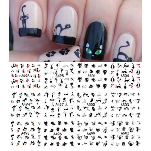 AKOAK 12 Sheets Cute Cat Pattern Watermark Designs Nail Art Stickers Water Transfer Decals Beauty Nails for Nail Art Design