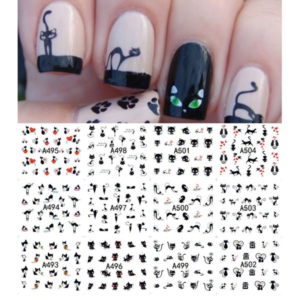 AKOAK 12 Sheets Cute Cat Pattern Watermark Designs Nail Art Stickers Water Transfer Decals Beauty Nails for Nail Art Design