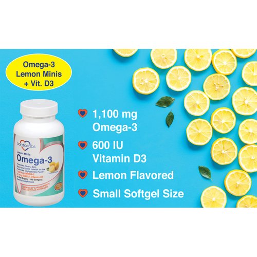 Cardiotabs Omega 3 Lemon Minis + Vitamin D3, 1,100 mg Omega-3 in Triglyceride Form and 600 IU Vitamin D3, Easy-to-Swallow, Fresh Lemon-Flavored Omega-3 Supplement Softgels - 180 count