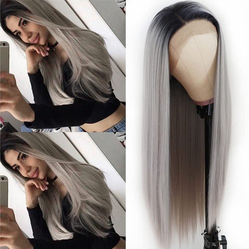 Lezaxiu Gray Lace Front Wig Long Straight Hair Wigs Ombre Grey Wig Heat Resistant Fiber Hair Synthetic Lace Front Wigs for Fashion Women 24 Inch