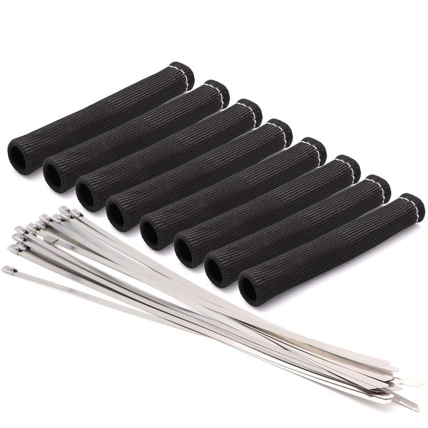 Fuzbaxy 8PCS Spark Plug Wire Boots 6 inches 2500° Heat Shield Protector Sleeve with 16pcs Stainless Steel Wire Ties(Black)