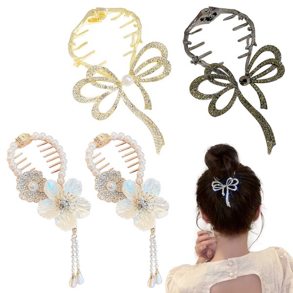4 Pack Hair Styling Clips Hair Bun Accessories, Butterfly Claw Clips, Flower Bow Ponytail Buckle Hairpin, Bow Light Luxury Premium Feeling Hairpin for Women Girls with Pearls and Rhinestones