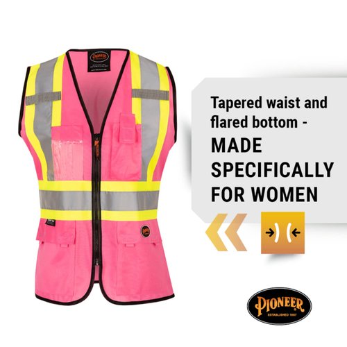Pioneer Safety Vest for Women with Pockets - Hi-Vis Reflective Tape - for Construction - Pink