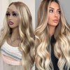 FENJUN Highlight Ombre Ash Blonde Lace Front Wigs with Cap+Comb, Body Wave Lace Frontal Synthetic Wig Mixed Brown and 613 Blonde Color, Glueless Pre plucked Long Wavy Wigs for White and Black Women