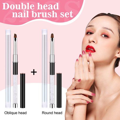 2Pcs Oval & Flat Gel Nail Brush Set Nail Art Clean Up Brushes Rhinestone Handle Professional Nail Art Design Brushes Painting Brushes for Nails with Round & Angled Head