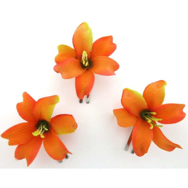 Tropical Orange Lily 3 pc. lot 2 Inch Silk Flower Hair Clip