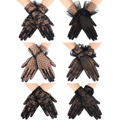 6 Pairs Halloween Women Lace Gloves Tea Party Gloves Elegant Lace Short Gloves Women's Novelty Gloves Wrist Floral Gloves (Black)