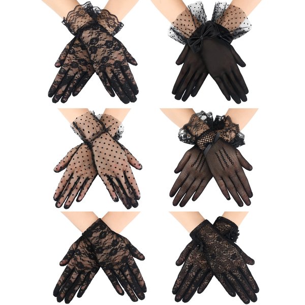 6 Pairs Halloween Women Lace Gloves Tea Party Gloves Elegant Lace Short Gloves Women's Novelty Gloves Wrist Floral Gloves (Black)