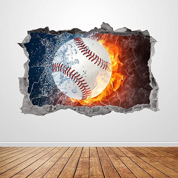 Baseball Wall Decal Art Smashed 3D Graphic Sports Wall Sticker Mural Poster Kids Room Decor Gift UP319 (70"W x 46"H inches)