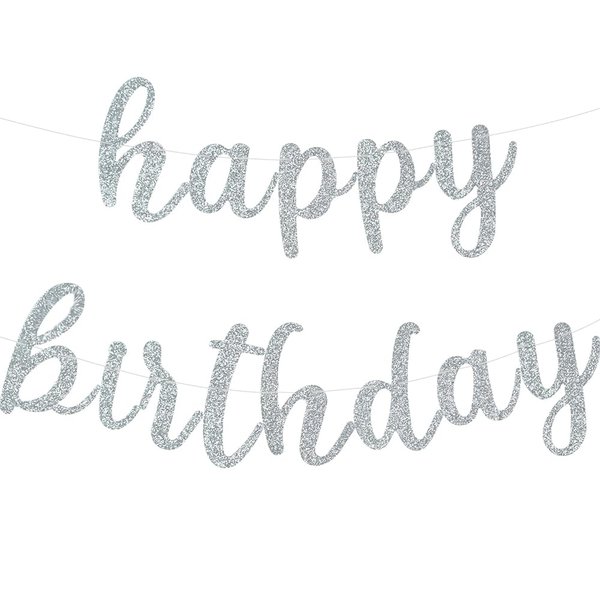 BEISHIDA Silver Happy Birthday Banner - NO DIY - Silver Birthday Party Banner in Script - Pre-Strung - Silver Glitter Birthday Garland Ready to Use Silver Birthday Party Decorations & Decor