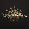 Teyglen Boho Gold Leaf Wedding Hair Comb Emerald Green Crystal Hair Comb Bridal Rhinestone Headpiece Hair Piece Hair Accessories for Women