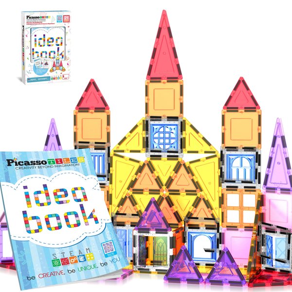 PicassoTiles Magnetic Tiles Magnet Tile Building Blocks Construction Set with 110+ Page IdeaBook Included STEM Learning Toys Toddlers Educational Fun Pretend Play Kids Boys Girls Sensory Toys Ages 3+