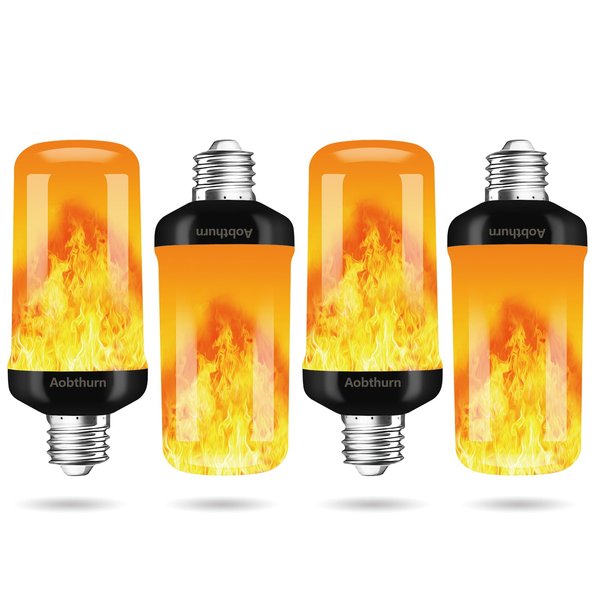 aobthurn Flame Light Bulbs, 4 Modes LED Flame Effect Light Bulb, E26 Base Flickering Light Bulb with Gravity Sensor,Flickering Light Bulbs Halloween Home Party (4 Pack)