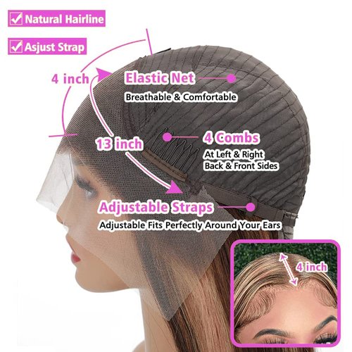 DDSNNT Highlight Ombre Lace Front Wig Human Hair 13x4 HD Straight Lace Front Wigs 180% Density 4/27 Straight Lace Frontal Wigs Human Hair Pre Plucked with Baby Hair