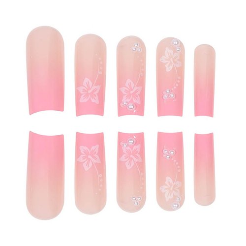 RikView Long Square Press on Nails Pink Fake Nails with Pearls Long Nails Glossy Stick on Nails Full Cover Nails 24 PCs/Set