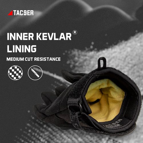 TAC9ER Kevlar Lined Gloves - Full Hand Protection Black Gloves, Cut and Temperature Resistant, Motorcycle Gloves, Touchscreen Friendly, Paintball and Airsoft Gloves for Men and Women