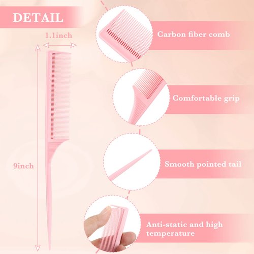 3 Pack Tail Comb Carbon Fiber Rat Tail Styling Comb Heat Resistant Anti Static Teasing Comb for Back Combing Root Teasing Adding Volume Evening Styling (Pink, Yellow, Green)