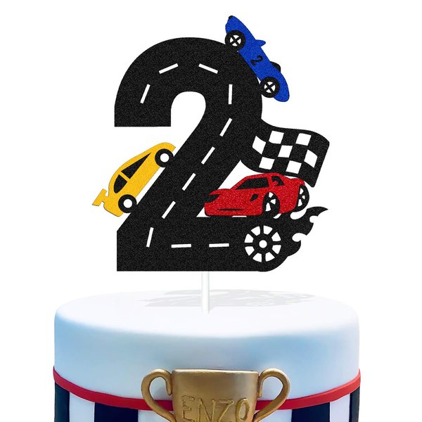Two Fast Cake Topper 2nd Race Car Driver Checkered Racing Themed for Kids Boy Girl Second Happy Birthday Party Supplies Black Glitter Double Sided