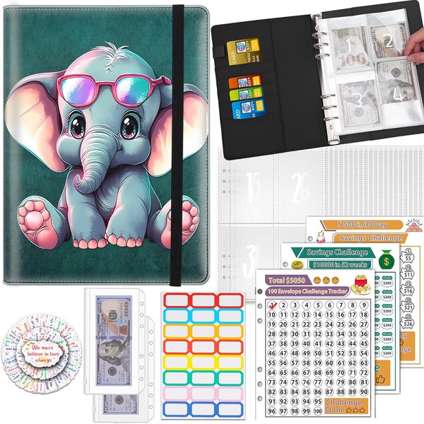 100 Envelopes Money Saving Challenge Binder, A5 Budget Binder with 25 pcs Cash Envelopes, 3 pcs Reusable Laminated Trackers Saving, Money Organizer，Cute Elephant