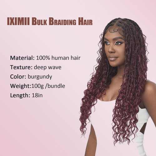 IXIMII Burgundy Deep Wave Human Braiding Hair 18 inch 100g 100% Human Hair Bulks 99j Color No Weft Curly Hair Extensions for Boho Braids