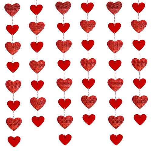 6Pcs Red Glitter Valentines Heart Garland Valentine's Day Heart Banner Valentines Hanging Heart Garland Decorations for Happy Valentines Day Wedding Engagement Party Decorations