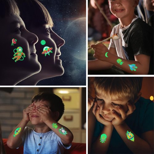 200+ Styles (20 Sheets) Luminous Space Kids Temporary Tattoos for Party Supplies, Outer Space Party Favors with Astronaut/Planet/Star/Moon, Car Party Favors with Cars/Trucks/Bus/Trains/Airplanes, Game Party Favors with Game Switch, Robot Party Favors with