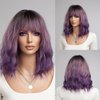 VKheroKV WS-02 Women's Wavy Wig With Hair Bang Shoulder Length Bob Wigs Synthetic Heat Resistant Natural Curly Wigs For Party Daily Cosplay (Ombre Purple)