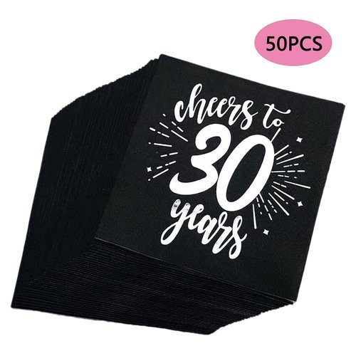 CHANGCAO50Pieces BlackandSilver30th Birthday Napkins30th Wedding Anniversary Napkins30th Birthday Decorative Men's and Women's Party Supplies Cocktail Napkins in a black, Cheers to 30 Years