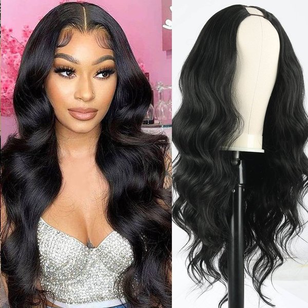 LEOSA V Part Wig Body Wave Half Wigs for Black Women 24 Inch V Wig Synthetic Black Half Wig Upgrade U-Part Wig for Women Closure Wig U/V Part Wig Clip In Half Wig No Leave Out Thin Wig